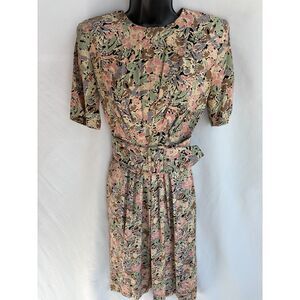 Vintage Laine USA Brown Floral Midi Dress Size 3/4 or S Retro Belted Pleated